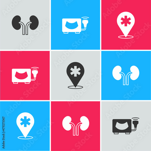 Set Human kidneys, Ultrasound and Location hospital icon. Vector