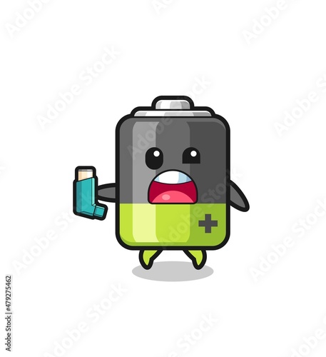 battery mascot having asthma while holding the inhaler