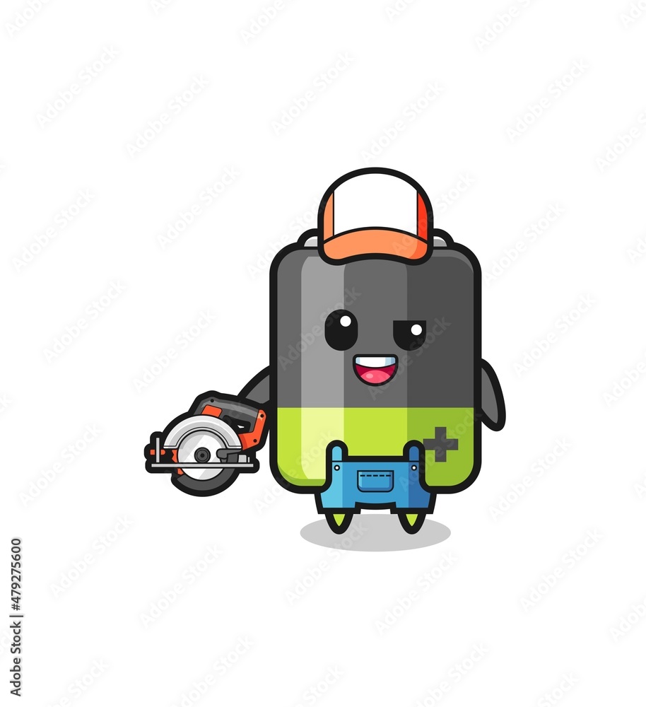 the woodworker battery mascot holding a circular saw the woodworker battery mascot holding a circular saw