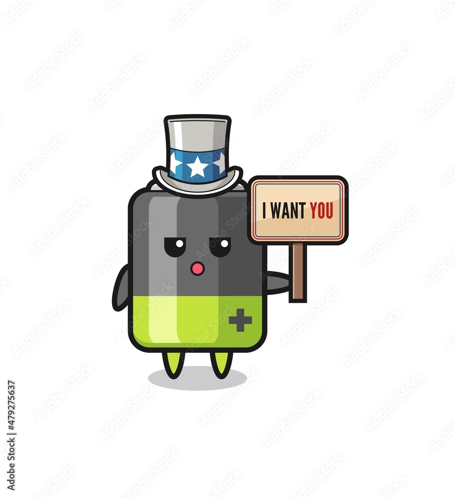 Fototapeta premium battery cartoon as uncle Sam holding the banner I want you