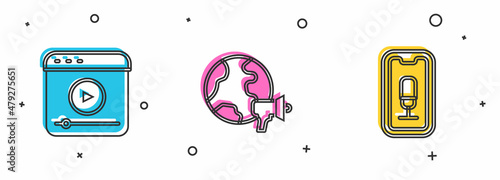 Set Live stream, World news and Mobile recording icon. Vector