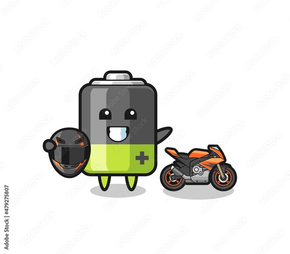 cute battery cartoon as a motorcycle racer