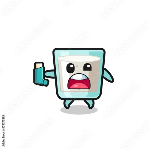 milk mascot having asthma while holding the inhaler