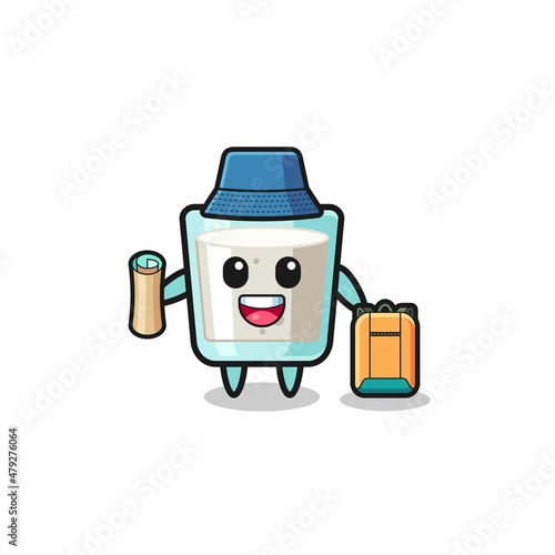 milk mascot character as hiker