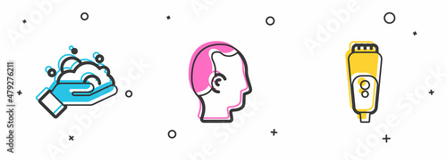 Set Shaving foam on hand, Baldness and Electric razor blade icon. Vector