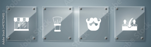 Set Human hair follicle, Mustache and beard, Shaving brush and Barbershop building. Square glass panels. Vector