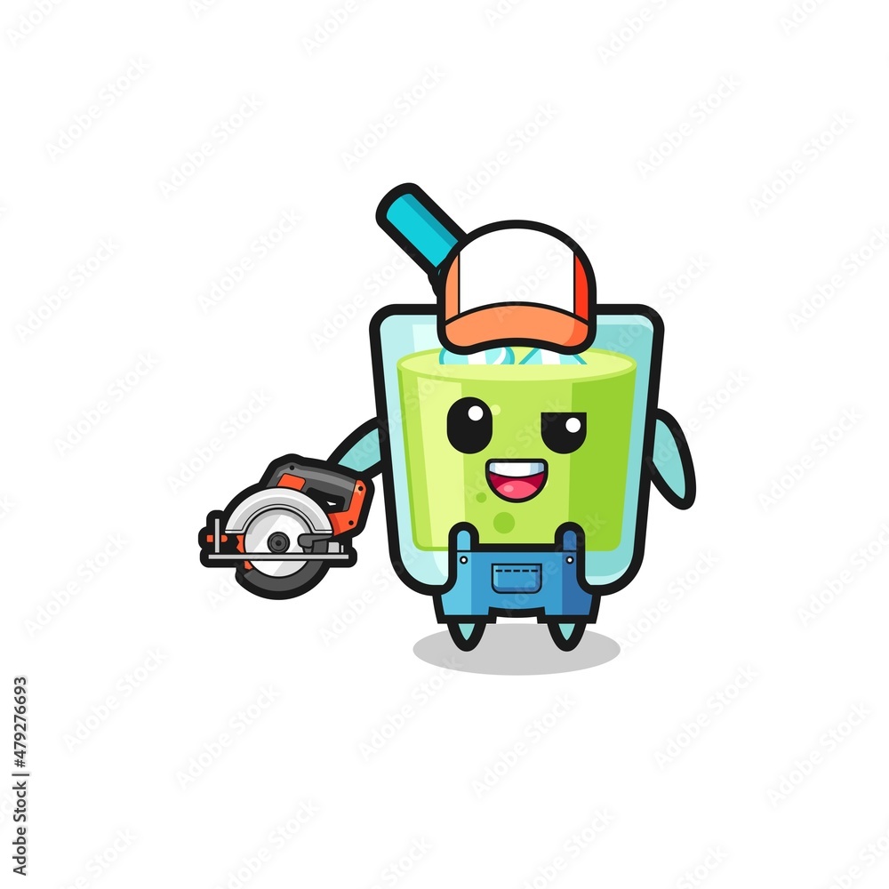 the woodworker melon juice mascot holding a circular saw the woodworker melon juice mascot holding a circular saw