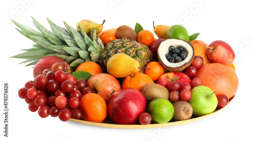 Platter with different fresh fruits isolated on white