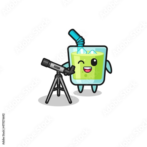 melon juice astronomer mascot with a modern telescope