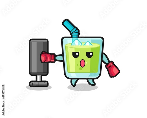melon juice boxer cartoon doing training with punching bag