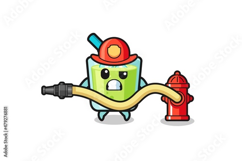 melon juice cartoon as firefighter mascot with water hose