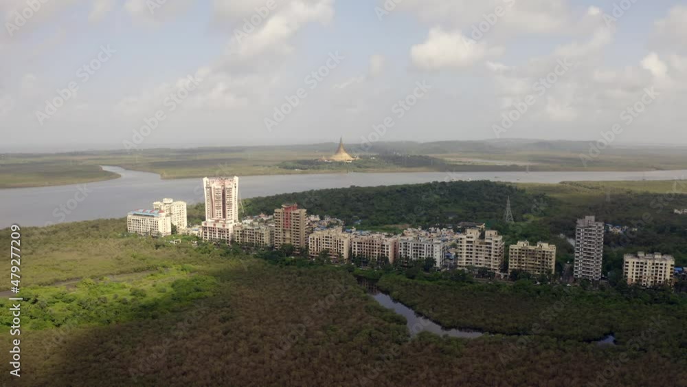 Aerial View Of Apartment House At Kandivali With Global Vipassana Pagoda Across Manori Creek In Mumbai, Maharashtra, India. Aerial View Of Apartment House At Kandivali With Global Vipassana Pagoda Across Manori Creek In Mumbai, Maharashtra, India.