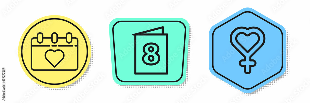 Set line Calendar with 8 March, Greeting card with 8 March and Female gender symbol. Colored shapes. Vector Set line Calendar with 8 March, Greeting card with 8 March and Female gender symbol. Colored shapes. Vector