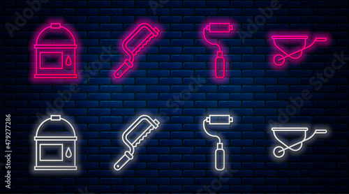 Set line Hacksaw, Paint roller brush, Paint bucket and Wheelbarrow. Glowing neon icon on brick wall. Vector