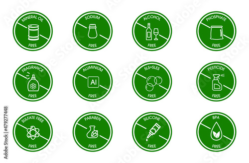icon set of mineral oil, sodium, alcohol-free, phosphate-free, fragrance-free, aluminum-free, SLS sles free, pesticides free, sulfate-free, paraben-free, silicon free, BPA free vector