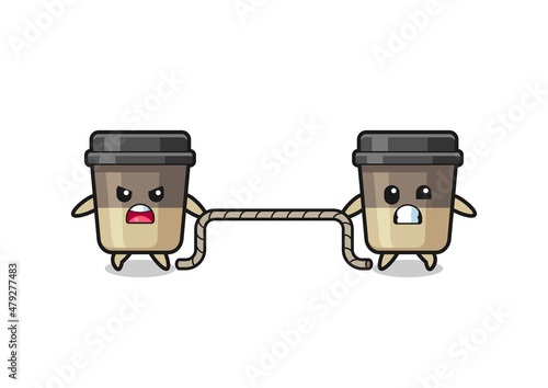 cute coffee cup character is playing tug of war game