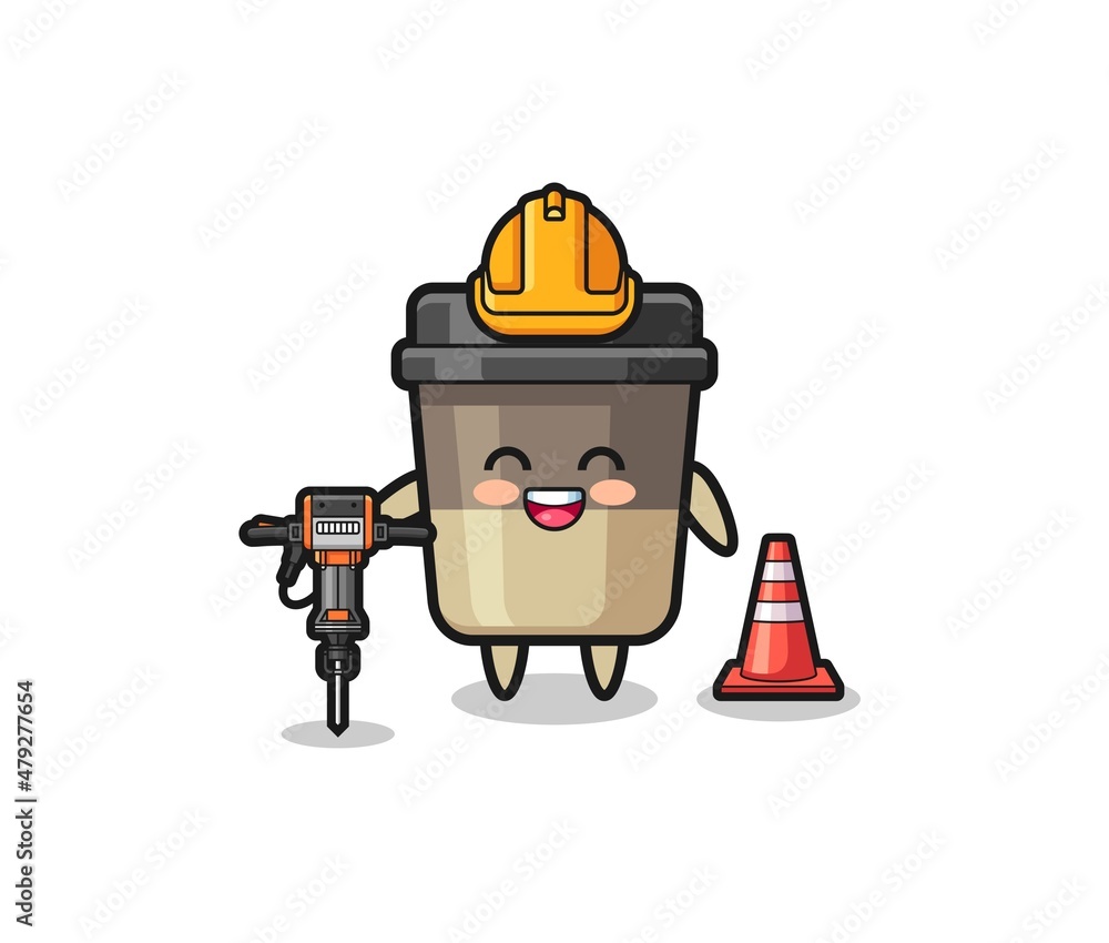 road worker mascot of coffee cup holding drill machine road worker mascot of coffee cup holding drill machine