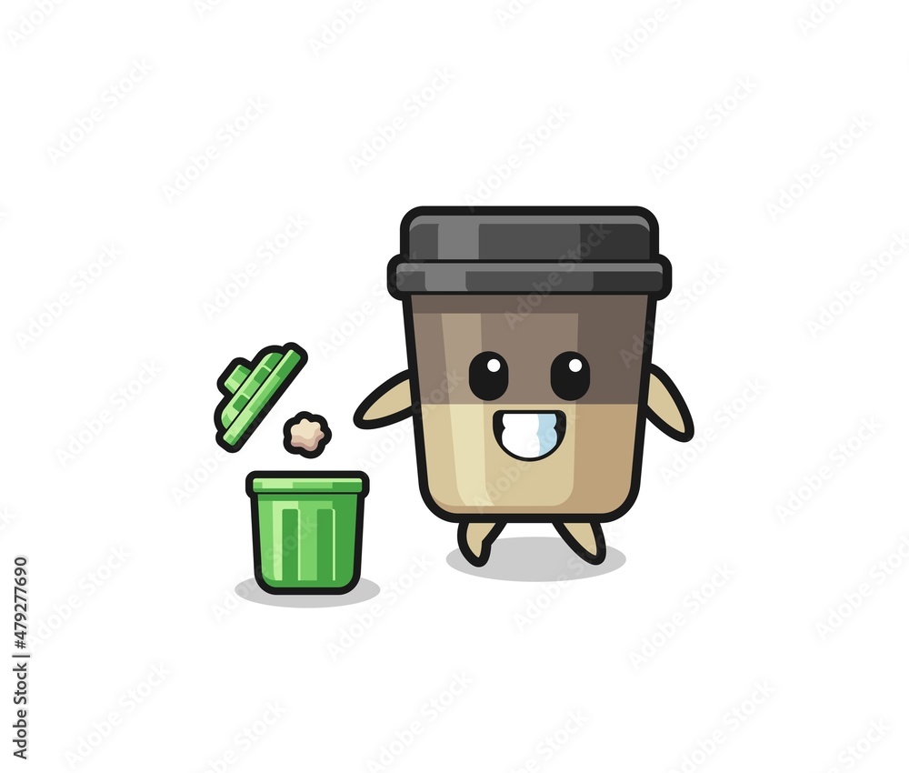 illustration of the coffee cup throwing garbage in the trash can illustration of the coffee cup throwing garbage in the trash can