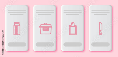 Set line Paper package for milk, Slow cooker, Cutting board and Knife. White rectangle button. Vector