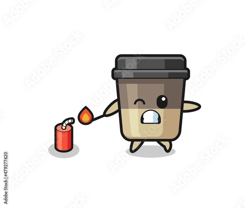 coffee cup mascot illustration playing firecracker