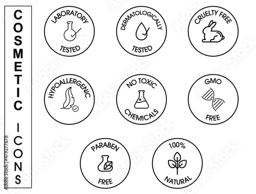 cosmetic product packaging icon set laboratory tested, dermatologically tested, cruelty-free, hypoallergenic, no toxic chemicals, GMO-free paraben-free, 100% natural 