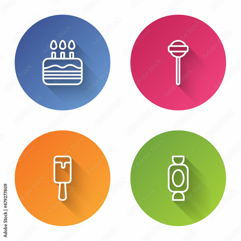 Set line Cake with burning candles, Lollipop, Ice cream and Candy. Color circle button. Vector Set line Cake with burning candles, Lollipop, Ice cream and Candy. Color circle button. Vector