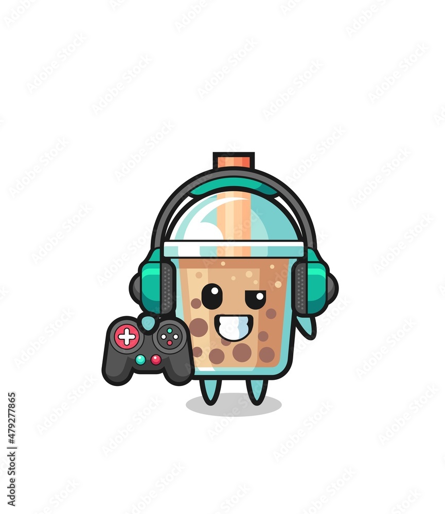 bubble tea gamer mascot holding a game controller
