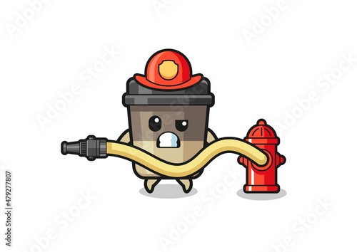 coffee cup cartoon as firefighter mascot with water hose