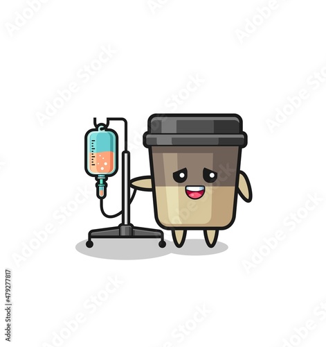 cute coffee cup character standing with infusion pole