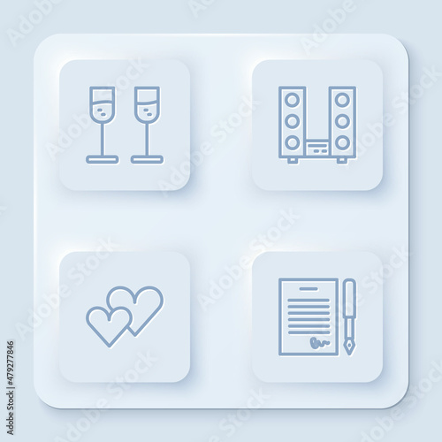 Set line Glass of champagne, Home stereo with two speakers, Heart and Marriage contract. White square button. Vector
