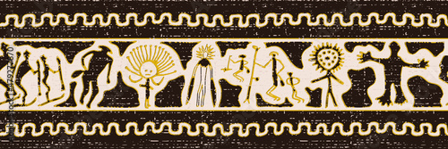 Ethnic border on the theme of rock paintings of Siberia, vector design. Seamless pattern, banner. 