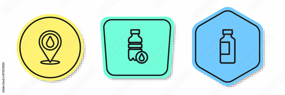 Set line Water drop with location, Bottle of water and . Colored shapes. Vector Set line Water drop with location, Bottle of water and . Colored shapes. Vector