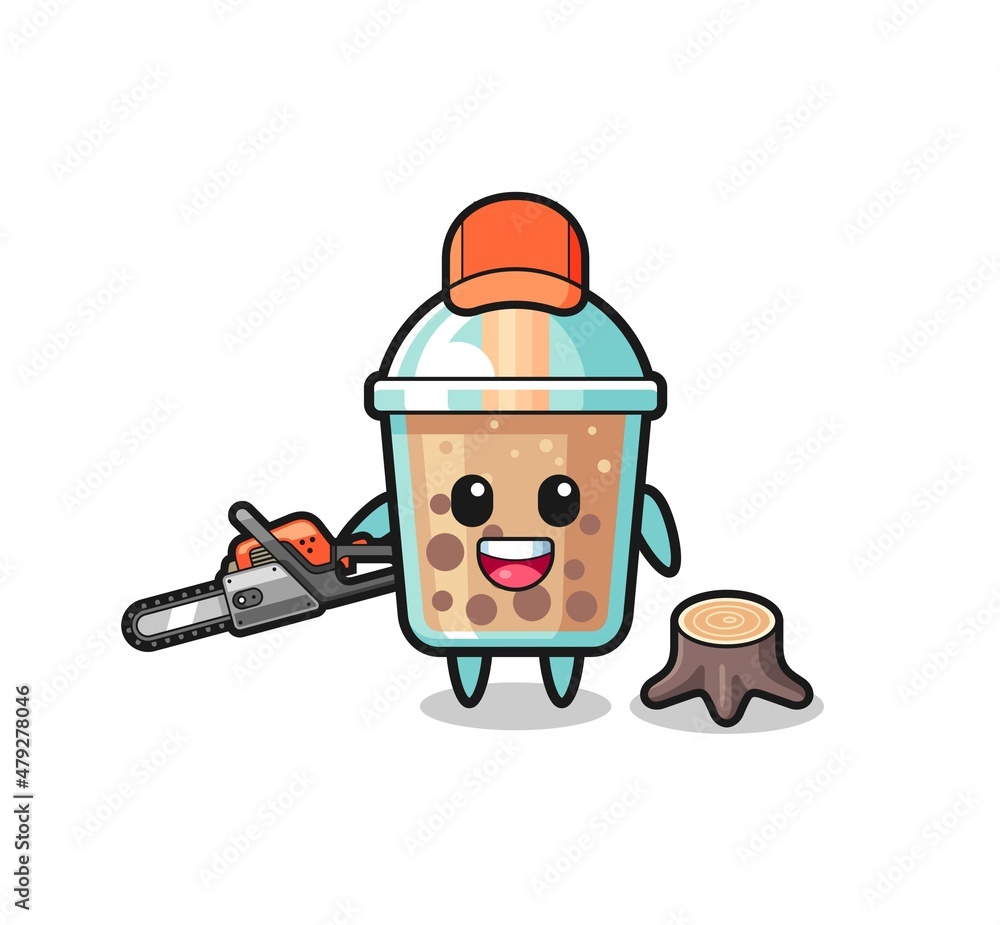 bubble tea lumberjack character holding a chainsaw