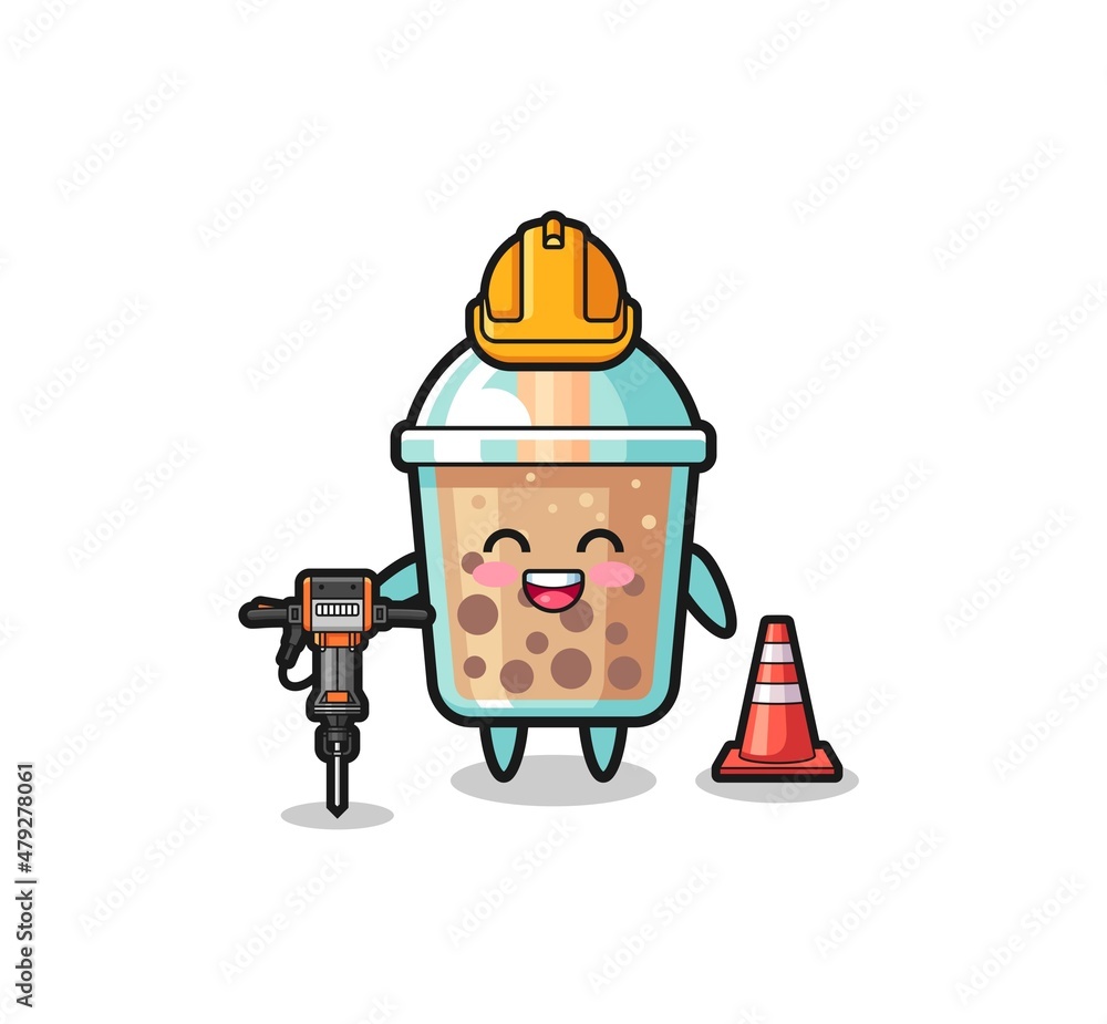 road worker mascot of bubble tea holding drill machine road worker mascot of bubble tea holding drill machine
