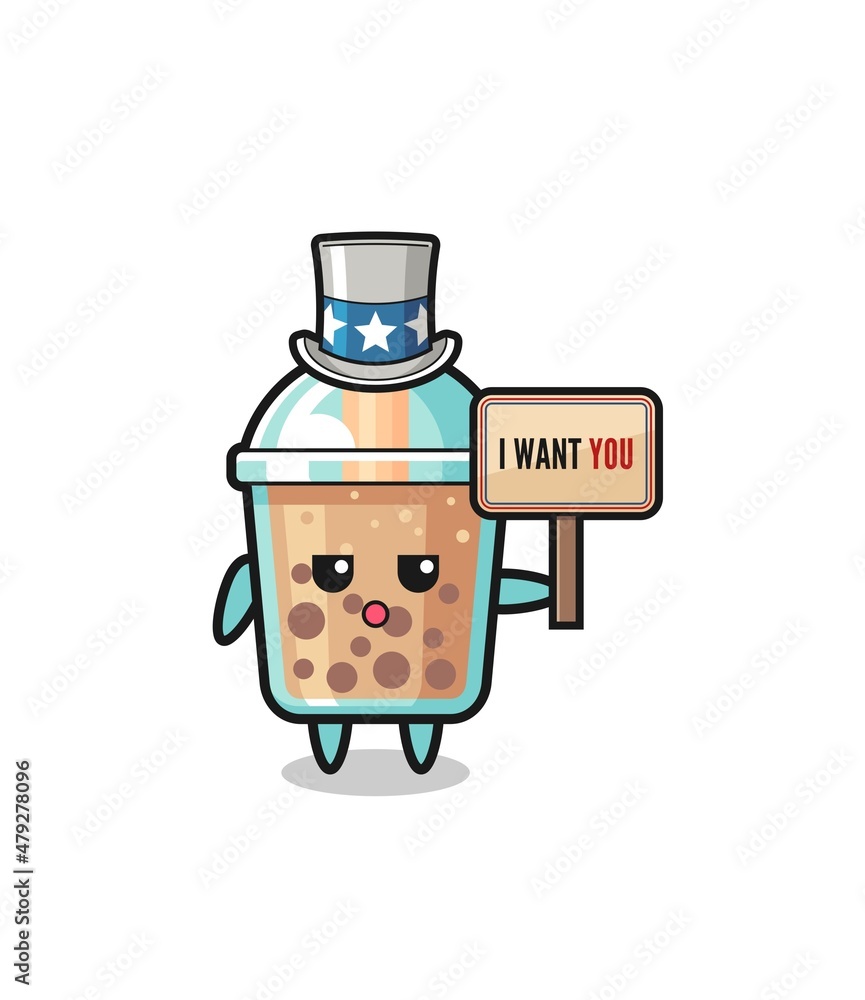 bubble tea cartoon as uncle Sam holding the banner I want you bubble tea cartoon as uncle Sam holding the banner I want you