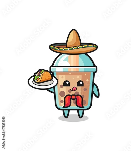 bubble tea Mexican chef mascot holding a taco