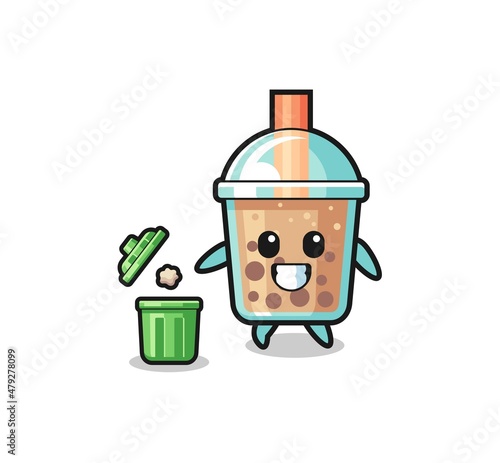 illustration of the bubble tea throwing garbage in the trash can