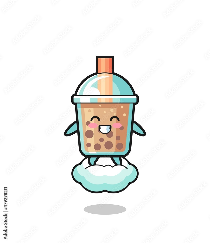 cute bubble tea illustration riding a floating cloud