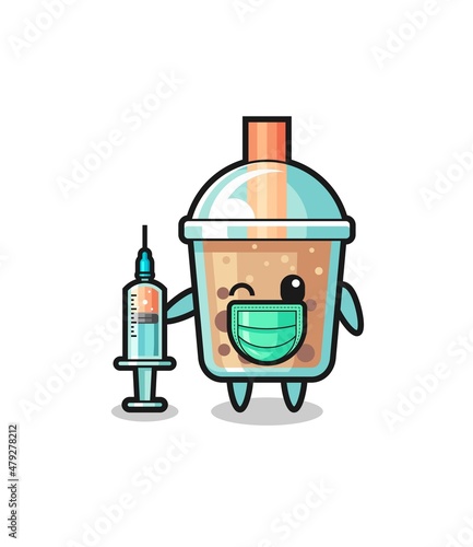 bubble tea mascot as vaccinator