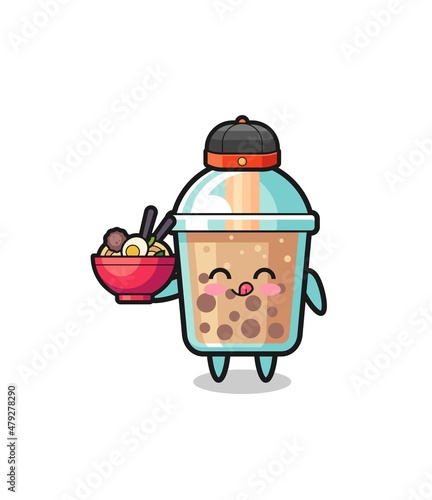 bubble tea as Chinese chef mascot holding a noodle bowl