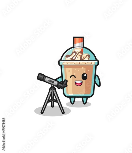 Foto milkshake astronomer mascot with a modern telescope