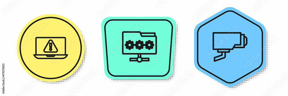 Set line Laptop with exclamation mark, Folder password and Security camera. Colored shapes. Vector Set line Laptop with exclamation mark, Folder password and Security camera. Colored shapes. Vector