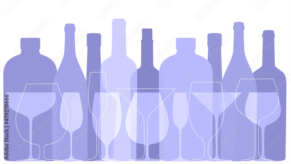 Abstract background with bottles and glasses for menue. Very peri trendy color for 2022. Abstract background with bottles and glasses for menue. Very peri trendy color for 2022.