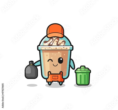 the mascot of cute milkshake as garbage collector