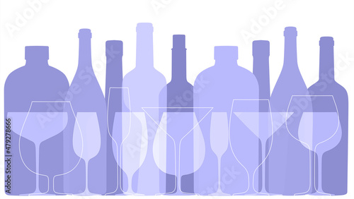 Abstract background with bottles and glasses for menue. Very peri trendy color for 2022.