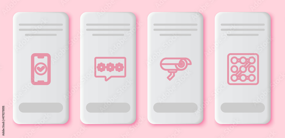 Set line Smartphone, Password protection, Security camera and Graphic password. White rectangle button. Vector Set line Smartphone, Password protection, Security camera and Graphic password. White rectangle button. Vector