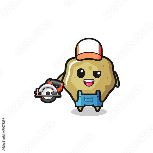 the woodworker loose stools mascot holding a circular saw