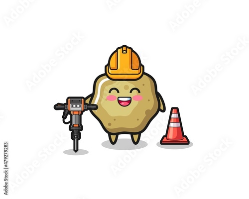 road worker mascot of loose stools holding drill machine