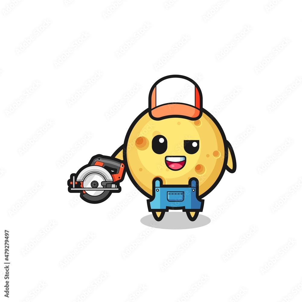 the woodworker round cheese mascot holding a circular saw the woodworker round cheese mascot holding a circular saw