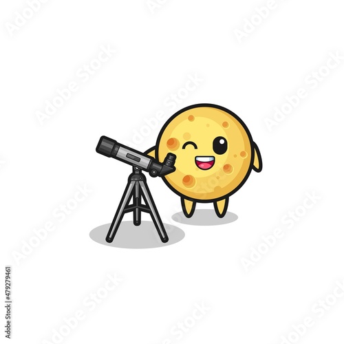round cheese astronomer mascot with a modern telescope